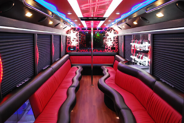 luxury party bus with red leather seats